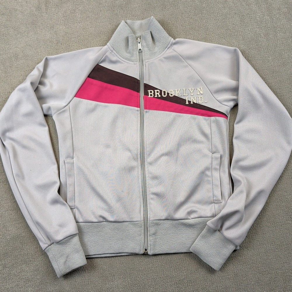 Brooklyn Industries Track Jacket Womens Medium Gray Pink Striped Full Zip Retro